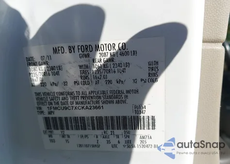 2012 Ford Escape Xls из США, поврежденный, VIN 1FMCU9C7XCKA23661